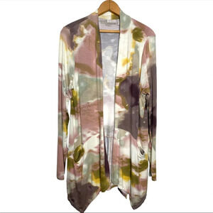 LOGO by Lori Goldstein Knit Open Front earth tone Printed Cardigan Large